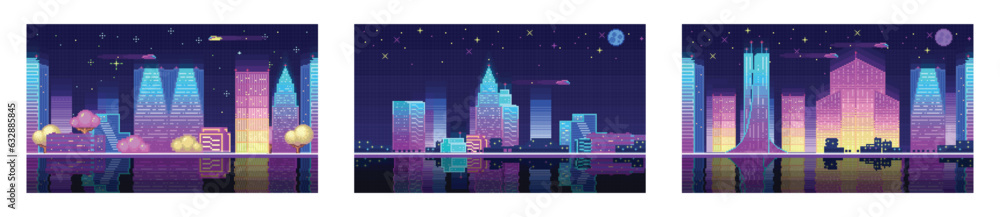 Urban setting. Road, ground, landscape, sky, clouds, silhouette city, stars and moon. Background with gradient. 80's wallpaper. Retro future. Urban scene. Night city landscape neon pixel background