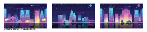 Urban setting. Road, ground, landscape, sky, clouds, silhouette city, stars and moon. Background with gradient. 80's wallpaper. Retro future. Urban scene. Night city landscape neon pixel background