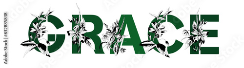Woman's name Grace. Font composition named GRACE. Decorative floral font. Typography in the style of art nouveau, modern, vintage.	
