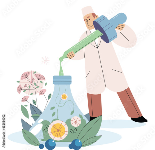 Homeopathic herbal medicine, alternative treatment. Male scientists in uniform analyzing extract from plants and flowers. Researcher working in laboratory, healthcare pharmacy, medical concept