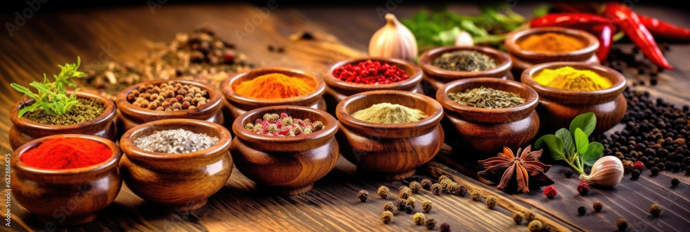 Set of Colourful spices on the table. Various Spices in on wooden background. Generative Ai