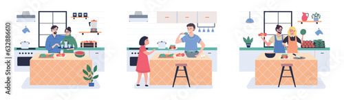 People cooking vegetarian food. Vector illustration. Set of characters cooking meal home. Woman preparing food for dinner. People cooking. Wife preparing healthy alternative from vegetarian nutrition