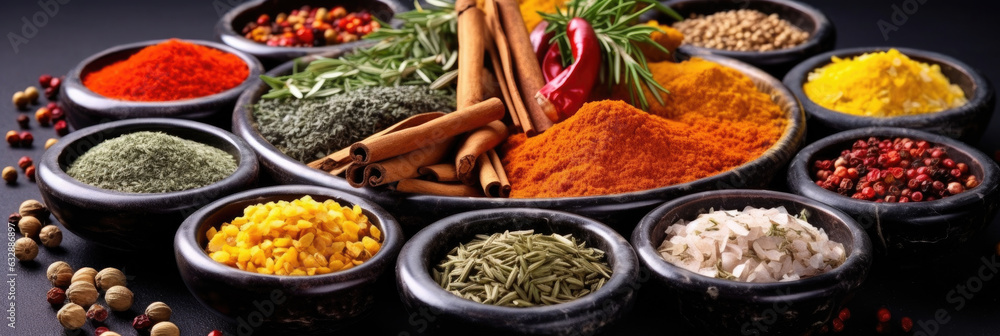 Set of Spices and herbs for cooking. Small bowls with colorful seasonings and spices, basil, pepper, saffron, salt, paprika, turmeric on rustic wooden plank table background. Generative Ai Set of Spices and herbs for cooking. Small bowls with colorful seasonings and spices, basil, pepper, saffron, salt, paprika, turmeric on rustic wooden plank table background. Generative Ai