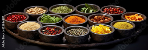 Set of Spices and herbs for cooking. Small bowls with colorful seasonings and spices, basil, pepper, saffron, salt, paprika, turmeric on rustic wooden plank table background. Generative Ai