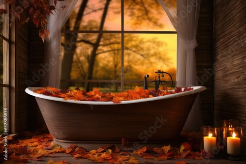 Autumn wellbeing, protect mental health concept. How to Cope With Fall Anxiety. Relaxing bath filled with autumn-themed bath salts, candles, and dried leaves