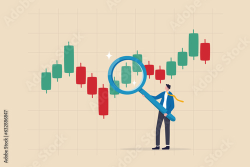 Fototapeta Technical analysis trader to analyze stock market or crypto currency data movement, trend analysis to take profit, buy and sell indicator chart concept, businessman trader magnify candlestick chart