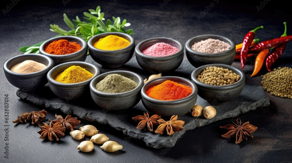 Fototapeta premium Set of Spices and herbs for cooking. Small bowls with colorful seasonings and spices, basil, pepper, saffron, salt, paprika, turmeric on rustic wooden plank table background. Generative Ai