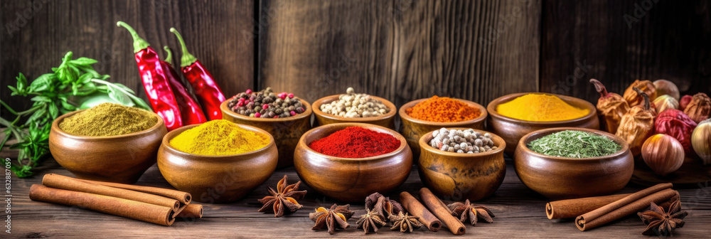 Set of Spices and herbs for cooking. Small bowls with colorful seasonings and spices, basil, pepper, saffron, salt, paprika, turmeric on rustic wooden plank table background. Generative Ai Set of Spices and herbs for cooking. Small bowls with colorful seasonings and spices, basil, pepper, saffron, salt, paprika, turmeric on rustic wooden plank table background. Generative Ai