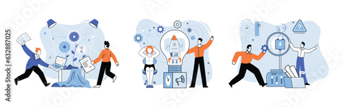 Team solving complex problems. Teamwork vector illustration metaphor. Solution solve problem concept Business team discussing ideas for startup Leadership meeting, supervision idea, hiring, coaching