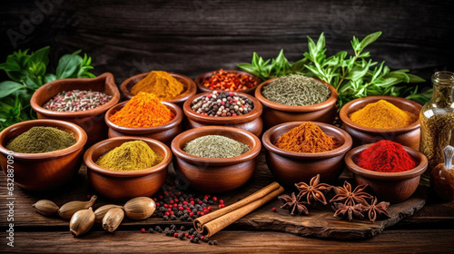 Set of Spices and herbs for cooking. Small bowls with colorful seasonings and spices  basil  pepper  saffron  salt  paprika  turmeric on rustic wooden plank table background. Generative Ai