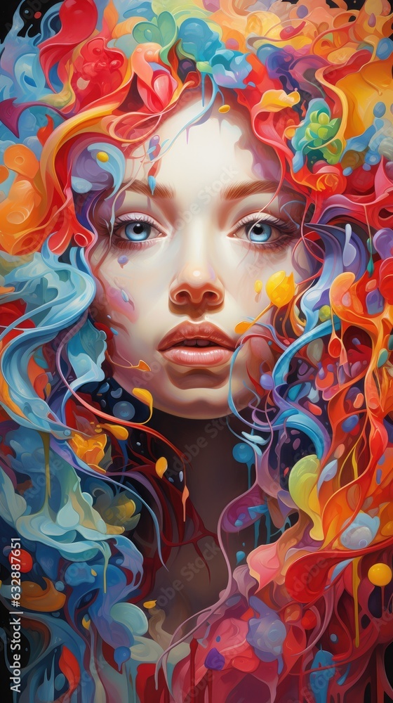 A colorful painting with the colors of the rainbow, woman face
