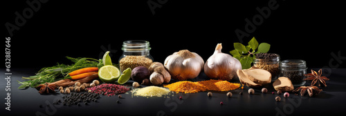Wide variety spices and herbs on background of black table, with empty space for text or label. Spices and herbs for cooking. Generative Ai