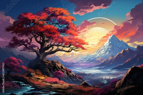 A digital painting of a mountain with a colorful