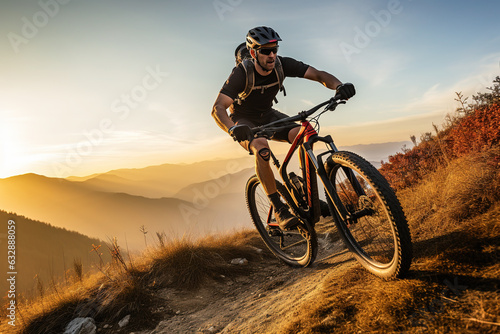 Foto Young man riding bicycle on mountain trail sport