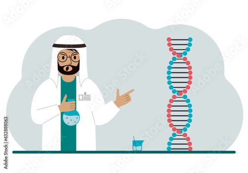 Male doctor with flasks near the dna chain. The concept of a new coronavirus, virus, pcr or disease treatment.