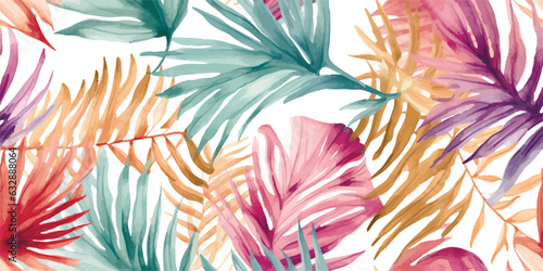 Beautiful autotraced vector seamless pattern with hand drawn watercolor colorful tropical palm leaves. Wallpapper textile fabric design.