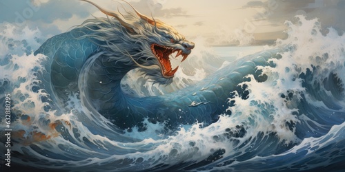 Art with dragons in the sea with waves