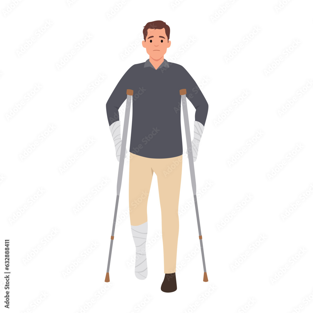 Ill man with bandages on hands and head uses walking aids after being involved in car accident. Guy injured in car accident needs long-term treatment Ill man with bandages on hands and head uses walking aids after being involved in car accident. Guy injured in car accident needs long-term treatment