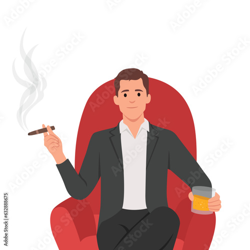 Young man aristocrat sits in armchair in expensive formal suit and drinks brandy with cigar. Millionaire aristocrat. Flat vector illustration isolated on white background