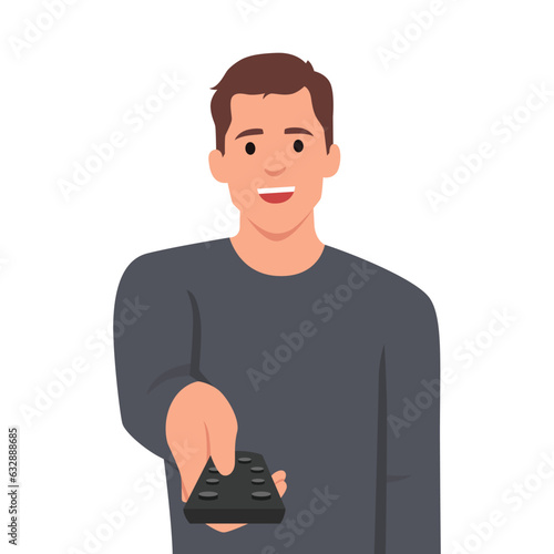 Man holds television remote control switches cable TV channels and smile, choosing interesting show for evening viewing. Happy guy pointing remote at screen wanting to turn off TV