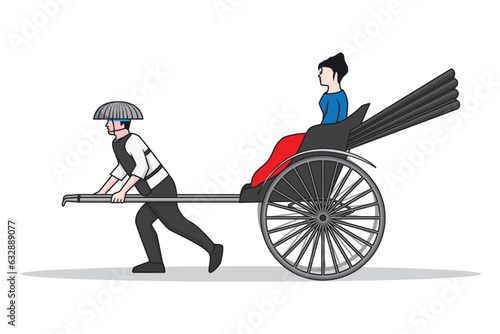 rickshaw puller symbol logo icon with lady or woman passenger drawing in colorful cartoon vector