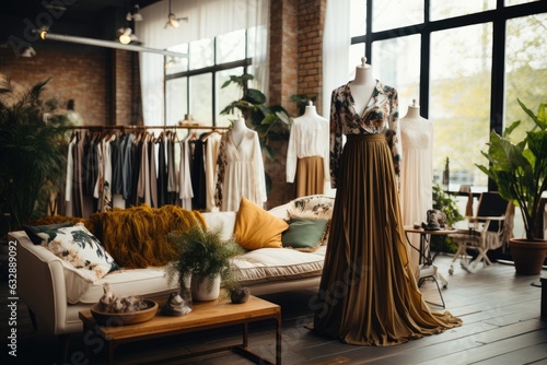 Fashionable clothing collection in modern boutique photo