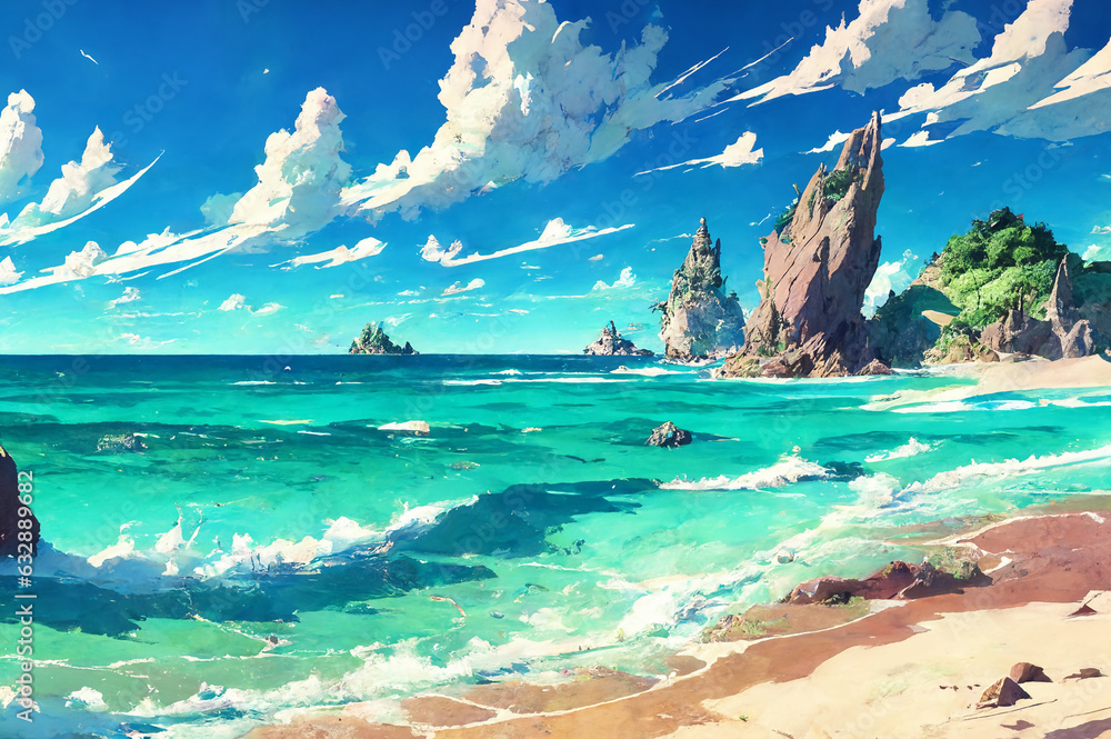 Illustrazione Stock セル画調の浜辺のイラスト。常夏の雰囲気を感じる拝啓イメージ。 | Adobe Stock