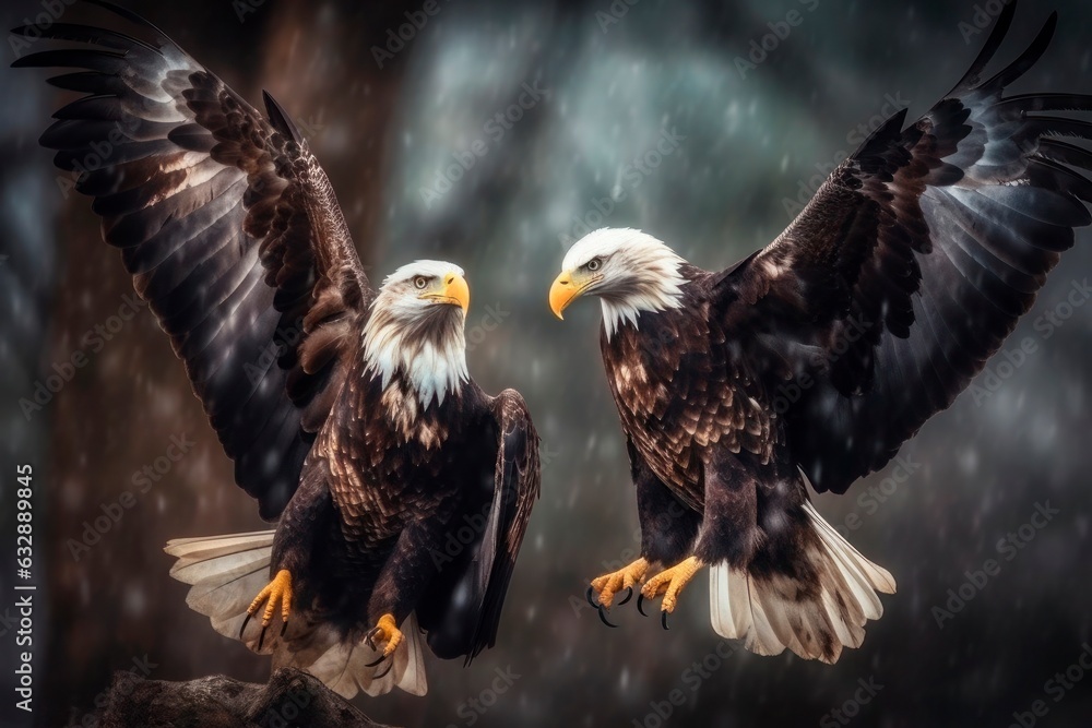 Fototapeta premium Majestic bald eagles fly high in the sky. Generative AI.