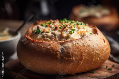 Clam chowder in a bread bowl, American food, bokeh  photo