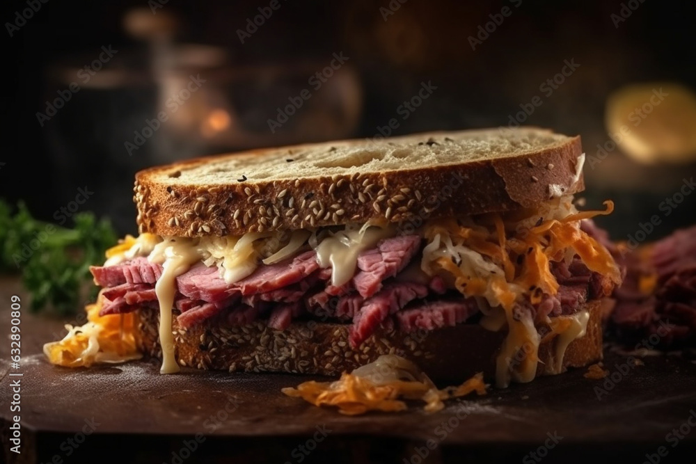 Reuben sandwich with corned beef, sauerkraut, and Swiss cheese, American food, bokeh  - obrazy, fototapety, plakaty 