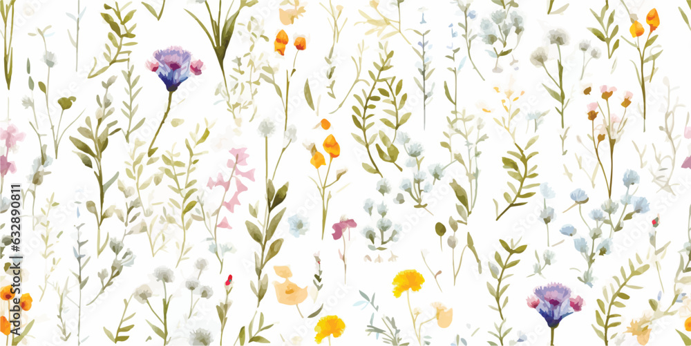 Beautiful floral seamless pattern with hand drawn watercolor wild herbs and flowers. Modern floral pattern. Collage contemporary seamless pattern. Hand drawn pattern