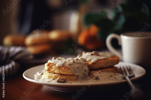 Biscuits and gravy, American food, bokeh 