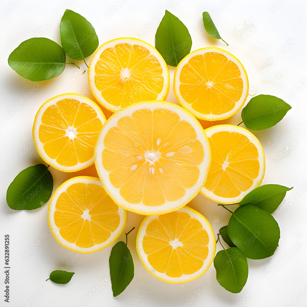 Lemon Slice Aesthetics, Top View Decorative Layout with Leaves on White