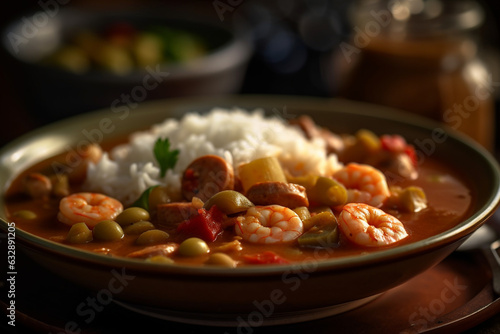 Gumbo with shrimp, sausage, and okra, American food, bokeh  photo