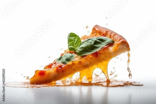 Slice of tasty pizza with basil leaves