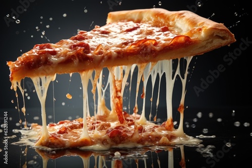Slice of tasty pizza with cheese dripping in ai generated