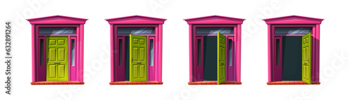 Green wooden door of old cottage house. Vector cartoon style icon illustrations. Sprite animation for 2d game. 