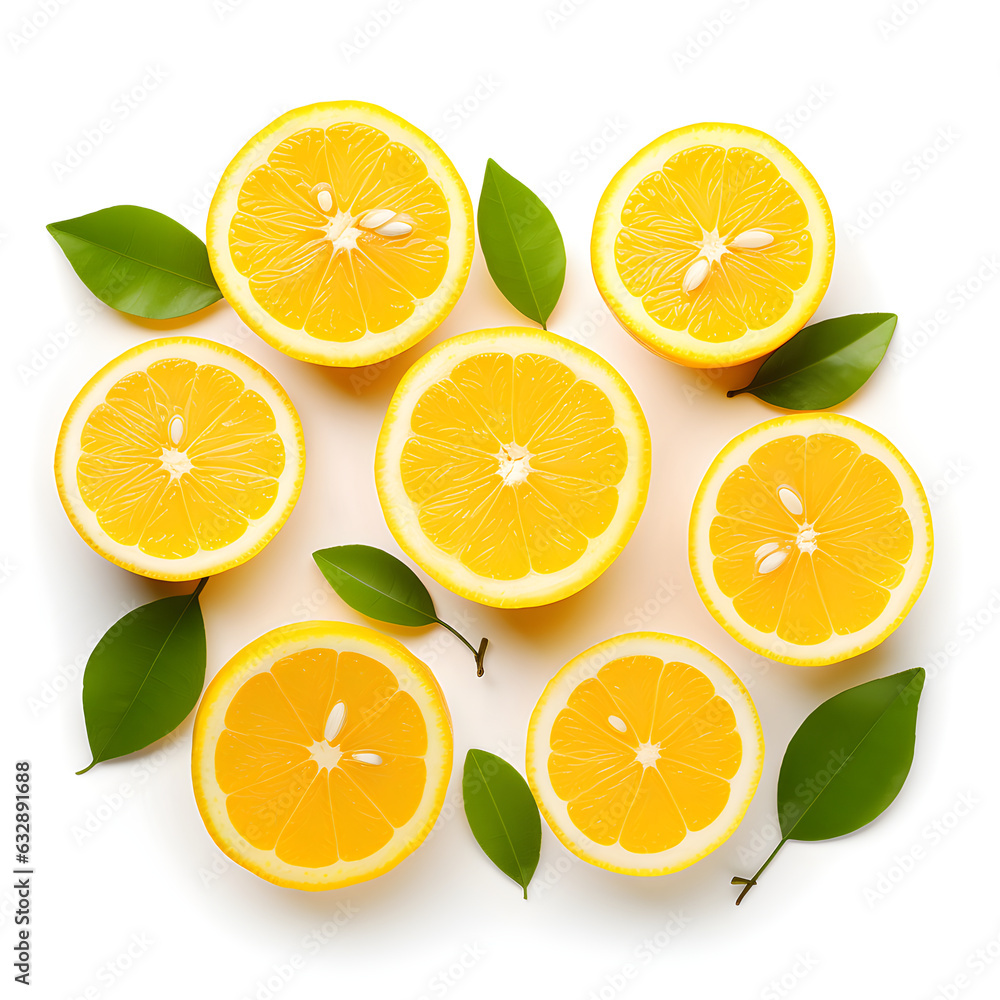 Top View Lemon Slices and Leaves on White, Zesty Citrus Elegance Top View Lemon Slices and Leaves on White, Zesty Citrus Elegance