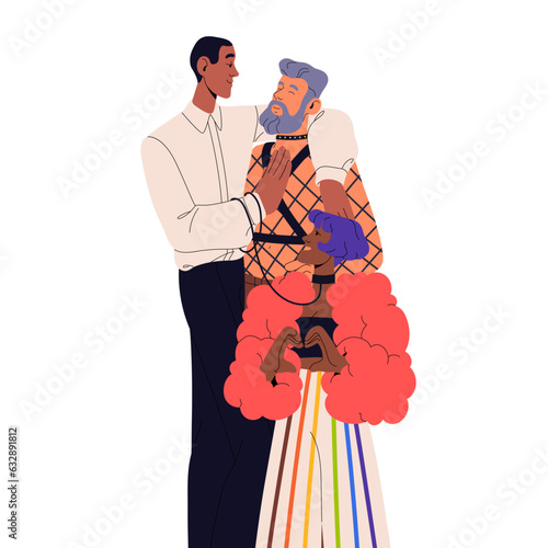 LGBT polyamory partners. Two bisexual men and woman in love, romantic relationships. Poly family, polyamorous lovers. Sexual freedom concept. Flat vector illustration isolated on white background