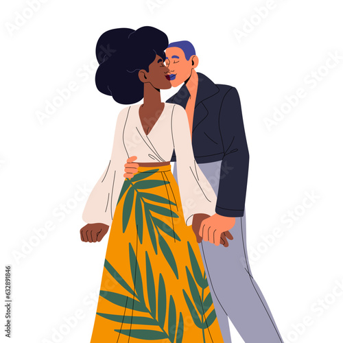 Lesbian love couple kissing, hugging. LGBT girls partners. Happy homosexual LGBTQ girlfriends, queer lovers in romantic relationships. Flat graphic vector illustration isolated on white background