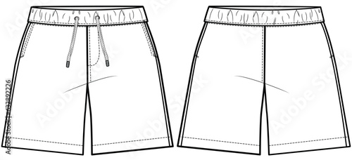 boys board shorts flat sketch vector illustration drawstring elastic waist short front and back view technical cad drawing template