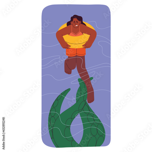 Hydrophobia, phobia of water concept. Scared woman swim on lifebuoy, monster underwater by tentacles touches girl with mental disorder. Psychology of fear, panic adult person. Flat vector illustration
