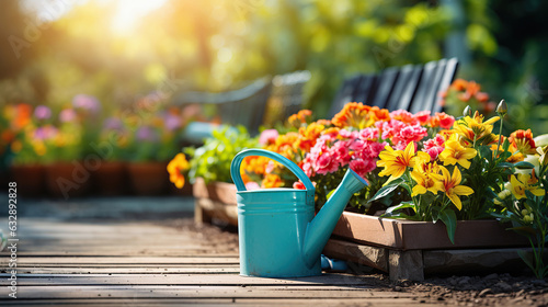 Display of gardening supplies: flowers, pots, soil, and plants, set against a sunny garden. photo
