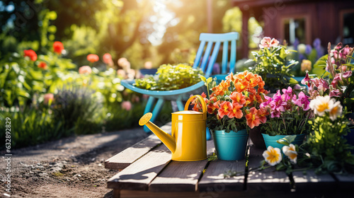 Display of gardening supplies: flowers, pots, soil, and plants, set against a sunny garden.