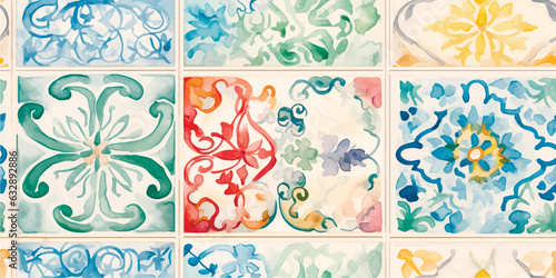 Modern Beautiful seamless pattern in patchwork style with contemporary hand drawn watercolor different tiles