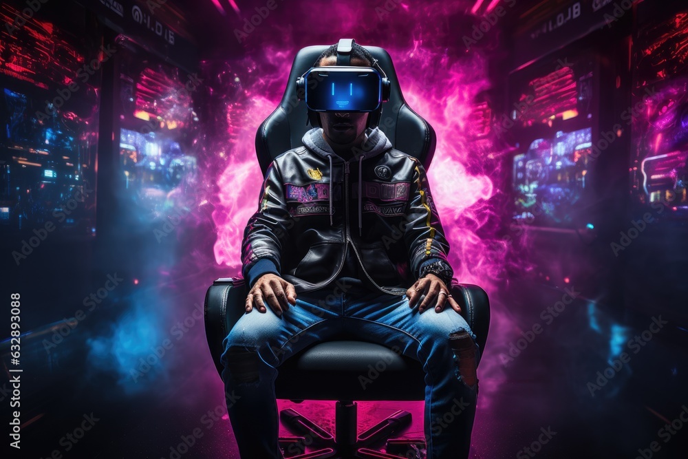 Gamer sitting on virtual reality chair device