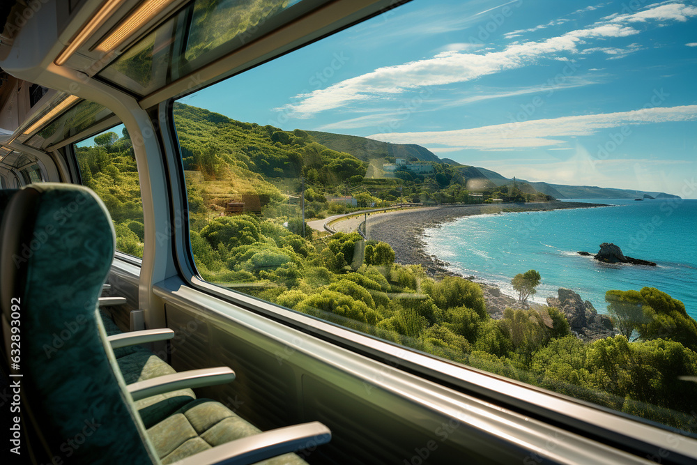 train journey along a coastal route, enjoying breathtaking views of the ocean, cliffs, and beaches, capturing stunning coastal landscapes from the comfort of your seat, view from t Generative AI