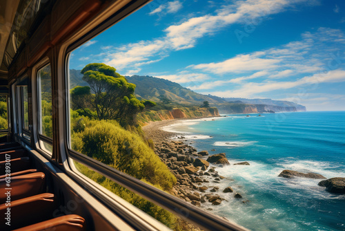 train journey along a coastal route, enjoying breathtaking views of the ocean, cliffs, and beaches, capturing stunning coastal landscapes from the comfort of your seat Generative AI
