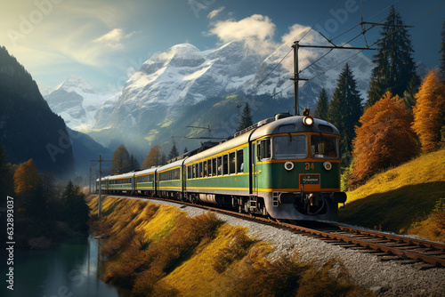 train journey through mountainous regions, witnessing spectacular vistas of towering peaks, deep valleys, and winding rivers, capturing awe-inspiring mountain landscapes Generative AI