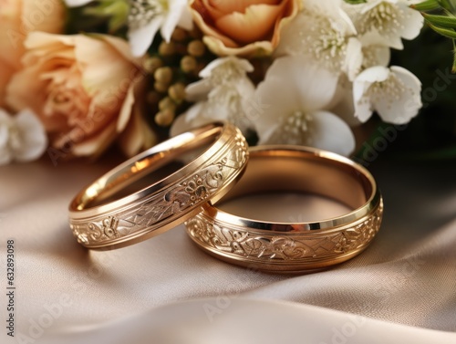 Golden wedding rings and flowers close up